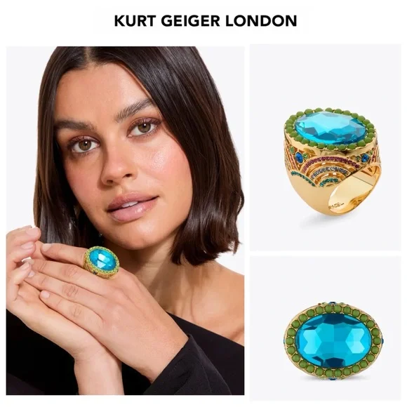 NWT KURT GEIGER LONDON Oval-Cut Gold Tone Turquoise CZ Crystal X-Large Ring - Picture 2 of 12
